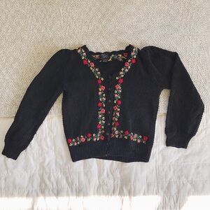 vintage knit v-neck cardigan with hand-embroidered floral design